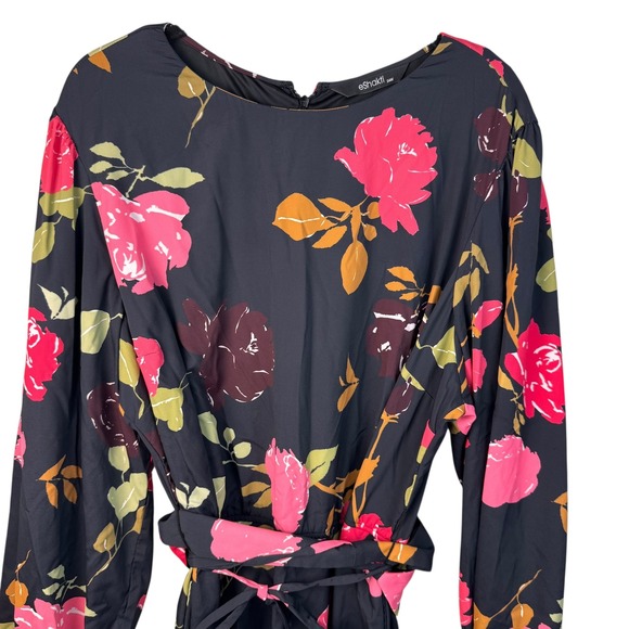 Eshakti Dress Women's 24W Floral Print Black Long Sleeve Knee Length Belted - Picture 10 of 16